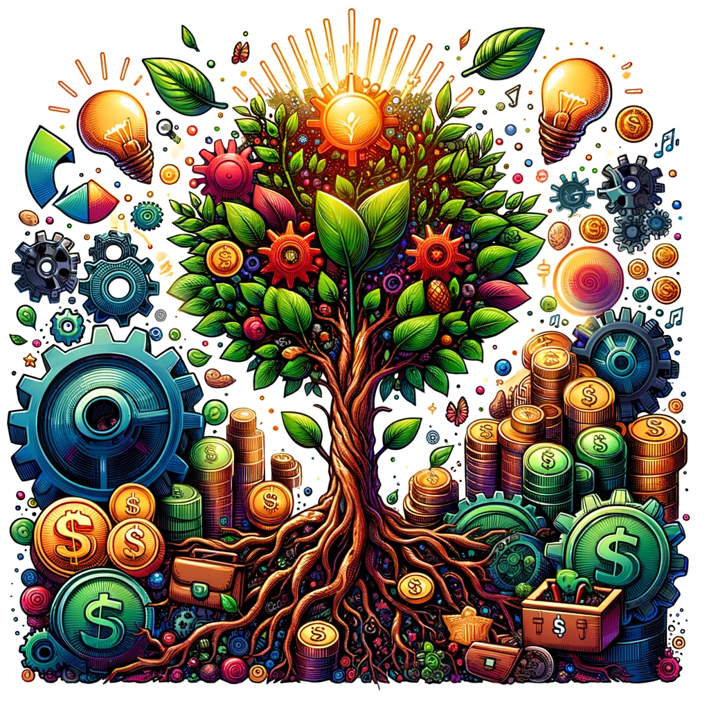 olorful illustration of a tree representing startup growth, with gears, lightbulbs, and financial symbols.